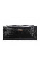 Hermes Kelly Clutch Bag Croco Leather K1002 Black VS09550