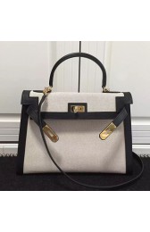 Hermes Kelly 32 Tote Bag in White and Black Canvas HC1210 VS05758