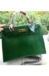 Hermes Kelly 32cm Shoulder Bag Lizard Leather K32LI Green VS05950
