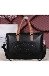Prada Calfskin Leather Briefcase P2775 Black&Wheat VS06542