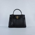 Hermes Kelly 28cm Shoulder Bags Black Grainy Leather Gold VS03363